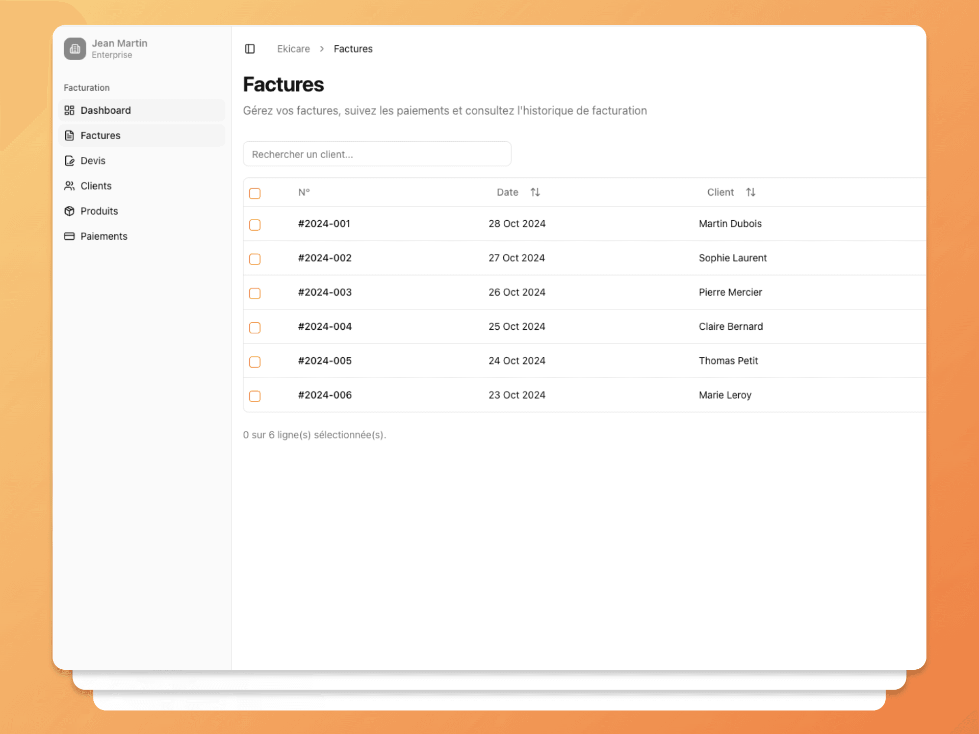 Ekicare - Interface de facturation